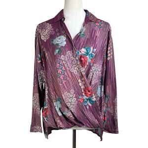 Mahila Maroon Floral Crossover Long Sleeve Collared V-Neck Hi-Low Pullover Top